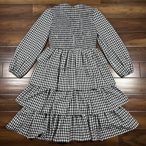 Jessakae Women's Size Medium Black White Check Plaid Smocked Tiered Dress - Picture 7 of 11